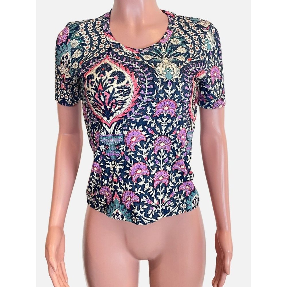 Maria Cher Womens Size S Multicolor Floral Scoop Neck Short Sleeve Blouse Top